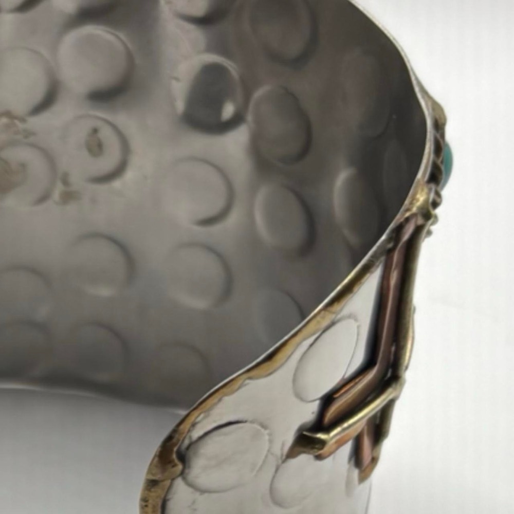 Artisan Mixed Metal Cross Cuff Bracelet Turquoise Coral Southwestern Brutalist - Picture 3 of 8